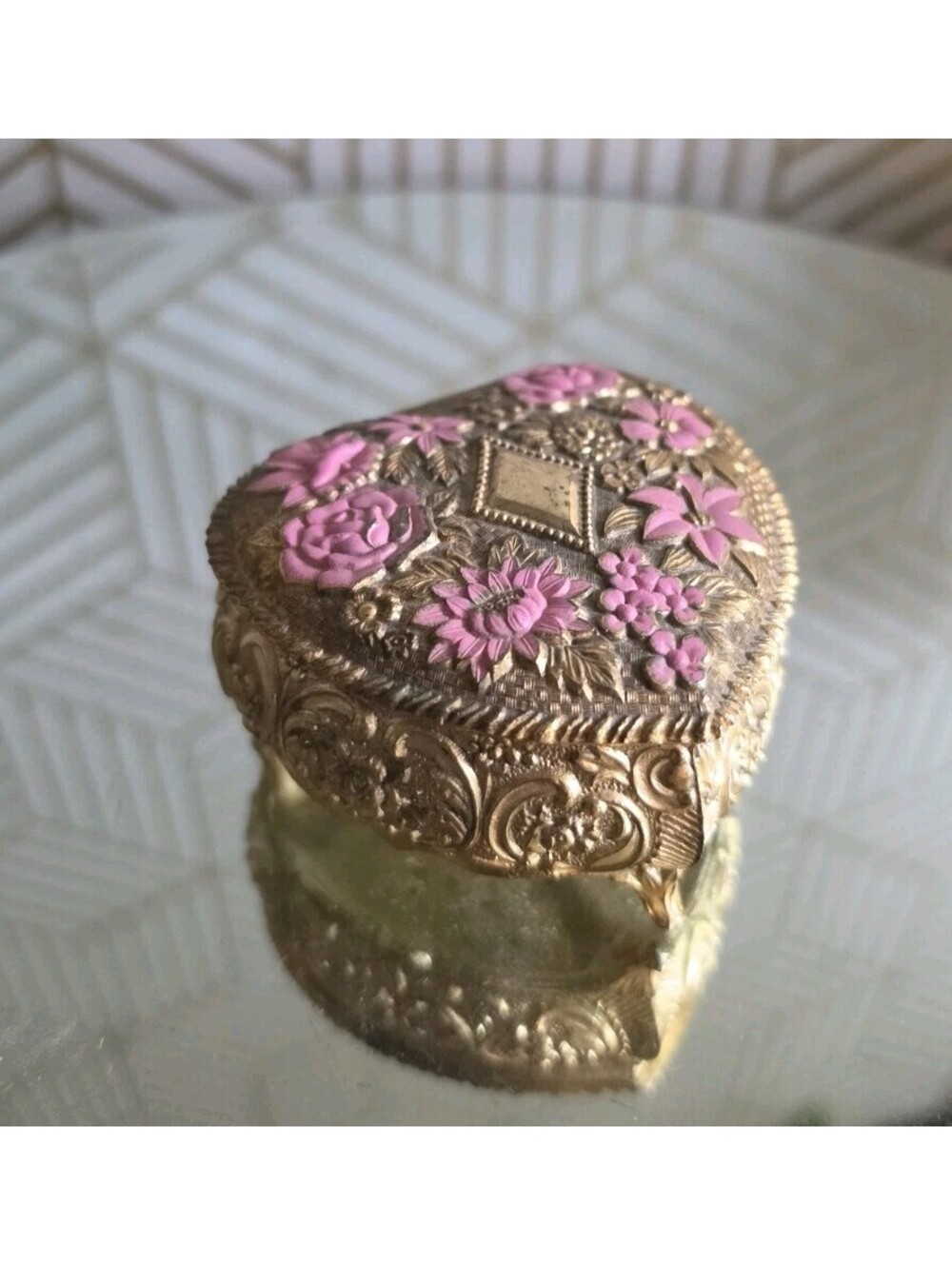 Vintage Gold & Pink Heart Ornate Jewelry Trinket Box Red Velvet Lining